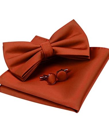 GUSLESON Mens Rust Wedding Bow tie Double Fold Pre-tied Bowtie and Pocket Square Cufflink Set (0570-33)