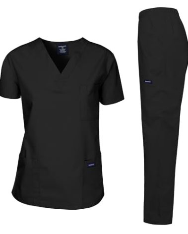 Dagacci Medical Uniform Womens and Mens Scrub Set Unisex Medical Scrub Shirt Top and Pant, Black, Medium