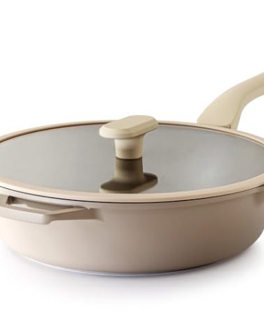 PRICUSIS Nonstick Deep Frying Pan with Glass Lid, 12 Inch (4.8 qt), 5X Durable Nonstick Sauté Pan, Scratch & Stain Resistant, PFOA Free, Induction Compatible, Dishwasher & Oven Safe, Natural Linen