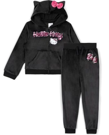 Hello Kitty Big Girls Velour Zip Up Hoodie and Jogger Pants Outfit Set Black 14-16