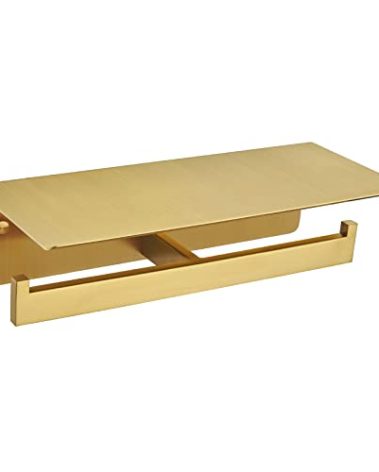 APLusee Brushed Gold Double Toilet Paper Holder with Shelf, Heavy Duty 304 Stainless Steel Tissue Holder for Bathroom with Storage, Commercial Paper Roll Dispenser Wall Mounted