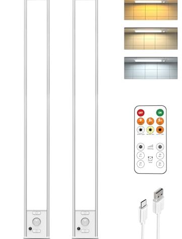 16in Under Cabinet Lighting with Remote, 160 LED Motion Sensor Light Indoor, 4000mAh USB Rechargeable Closet Lights, 3 Color Temps Wireless Under Counter Lights for Kitchen, Pantry, Stair, 2 Pack