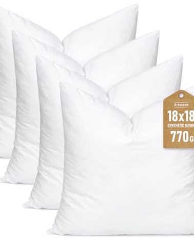 Artscope Synthetic Down Pillow Insert, 18x18 Down Alternative Throw Pillow Insert. Ultra Soft Fluffy Sleeping Pillow with 100% Cotton Cover, Decorative Pillows Set of 4-White.