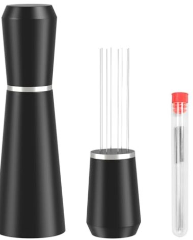 Jeymei WDT Espresso Distribution Tool, 0.35mm 8 Needle Coffee Stirrer with 8 Extra Needles, 304 Stainless Steel, Aluminum Alloy Handle with Stand, Barista Espresso Whisk Tool (Metal Black)