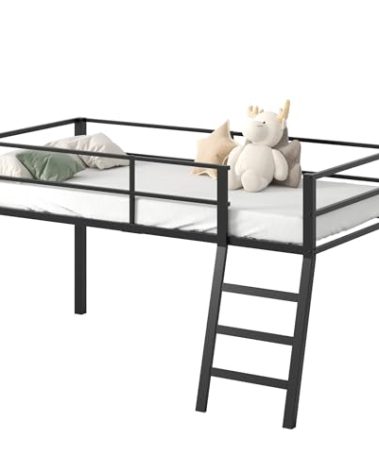 Lutown-Teen Low Loft Bed Twin Size, Junior Metal Twin Loft Bed with Stairs and Safety Guard, Noise Free for Small Bedroom, Black
