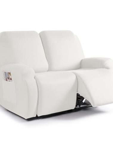 TAOCOCO Recliner Loveseat Slipcover, 2 Pieces Polyester Fabric Stretch Sofa Covers for 2 Seat Reclining Couch, Soft Washable Furniture Protector with Pockets (2 Seat, Milk White)