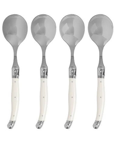 Laguiole Soup Spoons with Faux Ivory Handles – Stainless Steel Dining Utensils Set of 4 – Elegant Soup Spoons Silverware Set