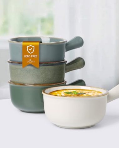 MONITO 16 Oz French Onion Soup Bowls, Ceramic Soup Bowls with Handles, Stackable Soup Crocks Oven Safe for Chili, Beef Stew, Cereal,Casseroles Microwave & Dishwasher Safe, Set of 4