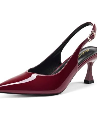 Elisabet Tang Women's Kitten Heel Slingback Low Pumps 3 Inches Stiletto Pointed Closed Toe Elegant Dressy Bridal Wedding Party Shoes Burgundy/Red 9