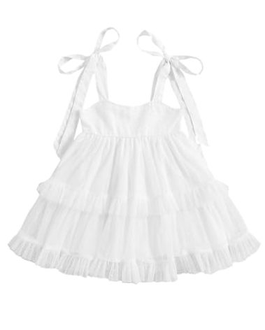 Toddler Girl White Dress Solid Color Spaghetti Strap Square Neck Tulle Dress Kids Boho Beach Sundress (White, 12-18 Months)