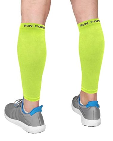Run Forever Calf Compression Sleeves for Men and Women - Footless Compression Socks for Runners, Shin Splints, Varicose Vein & Pain Relief - Leg Brace for Running, Cycling, Travel - XL, Yellow