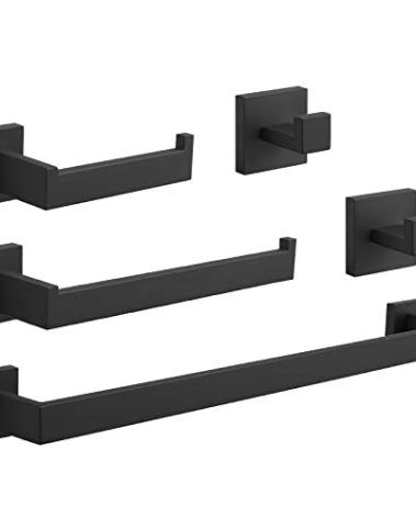 BWE 5 Pieces Matte Black Bathroom Hardware Set SUS304 Stainless Steel Include 21.9" Towel Bar,Hand Towel Holder,Toilet Paper Holder and 2 Robe Hook Square Bathroom Accessories Set Wall Mounted