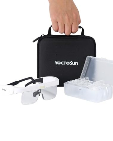 YOCTOSUN Headband Magnifier with 3 LED Lights, Storage Case, Head Strap and 5 Detachable Lenses 0.75X,1.25X,2.0X,3.0X 4.0X, Magnifying Headset for Close Work, Hobby & Crafts