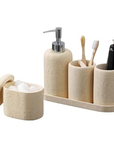 Bathroom Accessories Set, 5PCS Modern Bathroom Accessory Set with Soap Dispenser, Mouthwash Cup & Toothbrush Holder, Qtip Holder, Tray