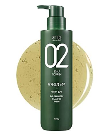AMOS PROFESSIONAL The Green Tea Shampoo [Fresh - For Oily Scalp] 17.6oz (500g) | Anti-Thinning & Anti- Hair Loss Shampoo for Hair Growth and Cleanse Excess Sebum | Korean Hair Salon Brand