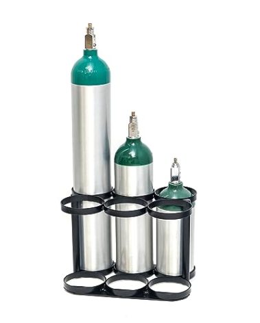 AireMed Oxygen Tank Holder – Holds (6) E, D or M9/C Size Tanks - Heavy-Duty Oxygen Cylinder Rack for Storage and Transportation – Floor Mountable Oxygen Rack – Stylish Black Frame - 4.5" Diameter
