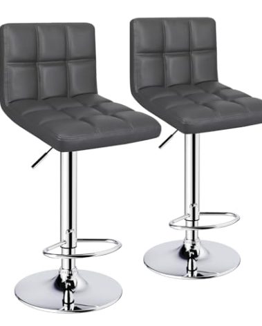 ERGOSEAT Bar Stools Set of 2, Armless Adjustable Swivel Barstools with Back, Double Needle PU Leather Counter Height Bar Stools for Kitchen Island, Grey