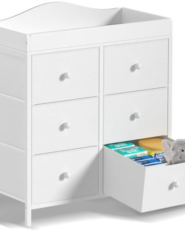 BOLUO Changing Table Dresser with 6 Fabric Drawers, Baby Dresser with Changing Table Top Diaper Changing Station with Storage for Nursery Modern