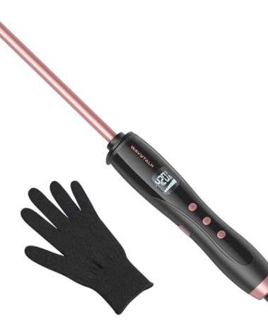 Wavytalk 3/8 Inch Small Curling Iron Wand for Short & Long Hair, Ceramic Barrel with Adjustable Temperature, Heat Resistant Glove Included (Rose Pink)
