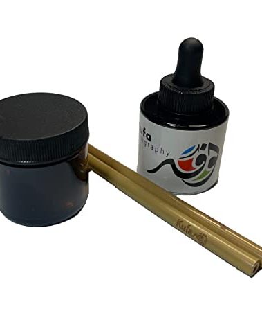 Hajj Wafaa Arabic Calligraphy set 2 Reed pens, Black Ink and plastic ink jar