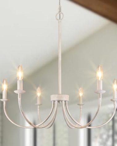 6-Light French Country Chandelier, Antique White Farmhouse Chandelier for Dining Room Lighting Fixtures Hanging, Industrial Modern Chandelier for Bedroom, Foyer, Kitchen, Living Room, Staircase