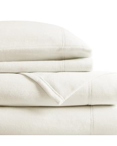 True North by Sleep Philosophy Micro Fleece Bed Sheet Set, Warm, Sheets with 14" Deep Pocket, for Cold Season Cozy Sheet-Set, Matching Pillow Case, Full, Ivory, 4 Piece