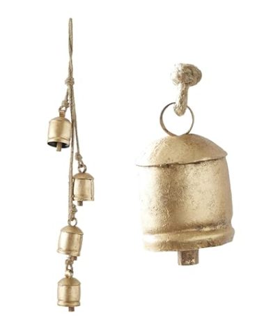 Deco 79 Metal Indoor Outdoor Decorative Cow Bells Tibetan Inspired Meditation Bell with 4 Bells on Jute Hanging Rope, Cow Bell 4" x 3" x 29", Gold