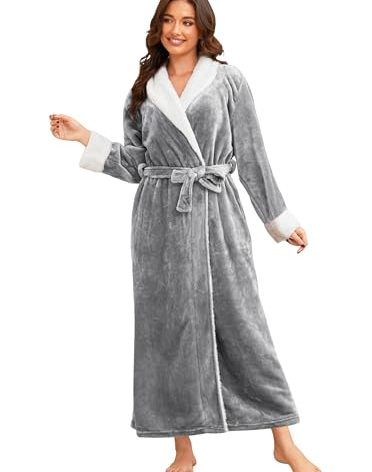 Hellomamma Women's Fleece Robes, Long Winter Warm Soft Plush Bathrobes for Women, Fluffy Comfy House Coat Light Gray X-Large