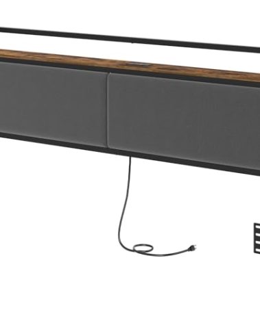 YATINEY King Size Headboard Only, Upholstered King Headboard with Charging Station, Head Board with Open Storage, Height Adjustable, Vintage Style, Sturdy and Stable, Rustic Brown, Gray and Black