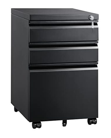 DEVAISE 3 Drawer Mobile File Cabinet with Lock, Under Desk Metal Filing Cabinet for Home Office/Legal/Letter/A4 File, Fully Assembled Except Wheels, Black