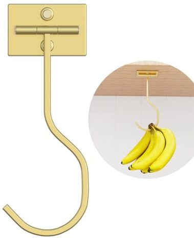 bussdis Under Cabinet Banana Hook Adhesive: Foldable Banana Hanger, Gold Metal Banana Holder for Kitchen & RV, Space-Saving Design, Folding with Magnets When Not in Use, Keep Bananas Fresh