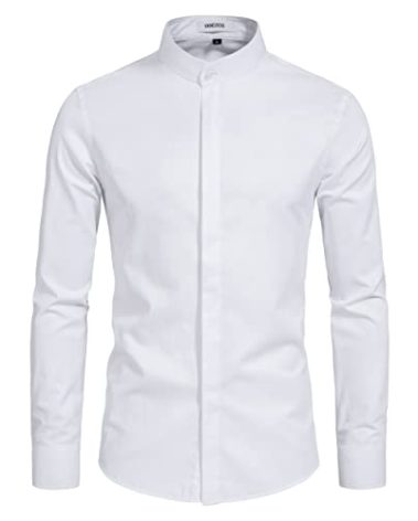 VANCOOG Young Men's Banded Collar Solid Designer Casual Long Sleeve Interview Dress Shirt Clearance-White-M