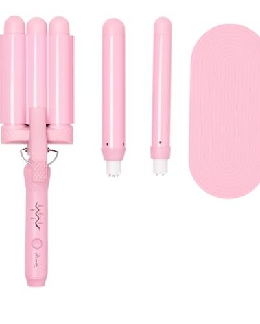 Mermade Hair 3 in 1 Style Wand - Hair Waver 3 Barrel, Curling Iron 1 1/4 Inch, 1 Inch Curling Iron, Ceramic Barrel Waver & Curler w/Heat Glove, Mat, & Interchangeable Handle - Pink