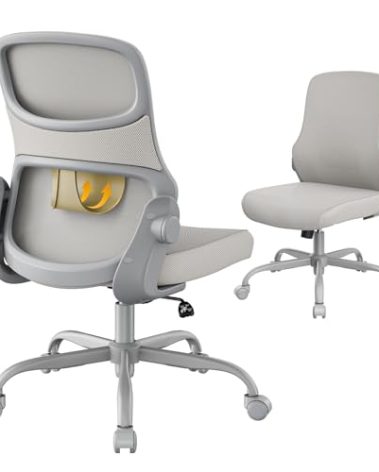 Deroavixe Office Chair, Mesh Ergonomic Desk Chairs, Lumbar Support, Adjustable Height, Armless, Swivel Function and Smooth-Rolling Wheels for Home, Office and Gaming (Gray)