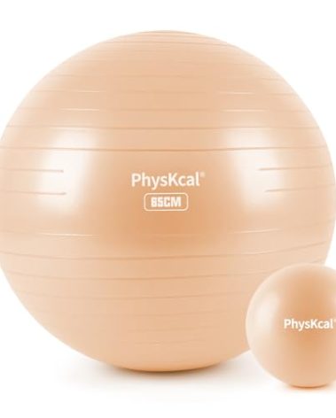 PhysKcal Yoga Ball Pilates Set, 26’’ Exercise Ball for Workout, Physical Therapy, Birthing, Pregnancy- Swiss Ball for Stability & Blance, Office Ball Chair-Beige