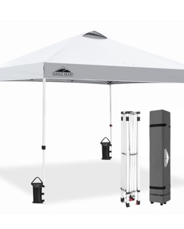 EAGLE PEAK Pop Up Canopy Tent with Wheeled Carry Bag, 8 Stakes, 4 Ropes, 4 Weight Bags, Easy Set Up Tent Canopy, 10x10 ft, 100sqft of Shade, White