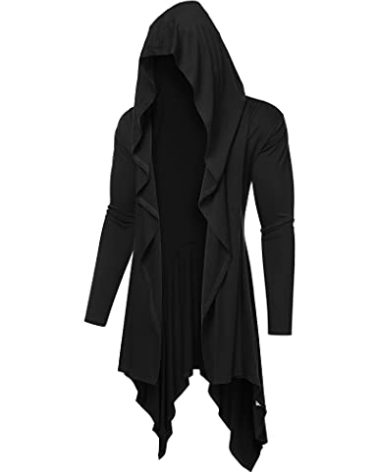 COOFANDY Men's Long Hooded Cardigan Ruffle Shawl Collar Open Front Lightweight Drape Cape Overcoat with Pockets Black