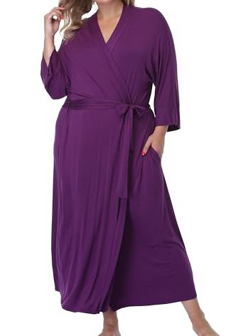 iFigure Women's Plus Size Long Robe Full Length Bathrobes Kimono Dressing Gown Sleepwear Maternity Delivery Robes with Pocket, Purple, 4X