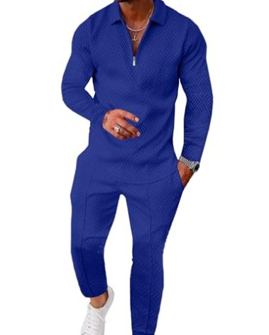 UOUA Mens 2 Piece Set Casual Outfits Polo Long Sleeve Shirt & Pants Track Suit Loungewear Athletic Sweatsuit Royal Blue L