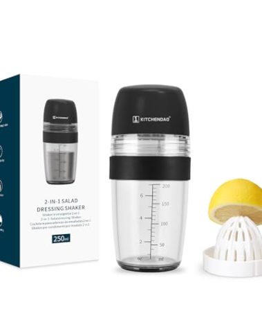 KITCHENDAO 2 in 1 Salad Dressing Shaker Container with Juicer, Pour Spout, LeakprooF, Soft Grip, Dishwasher Safe, Homemade Oil and Vinegar Salad Dressing Bottle Mixer Dispenser, BPA Free 1 Cup, Black