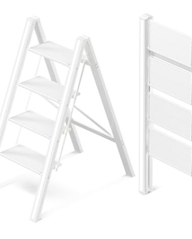 GameGem 4 Step Ladder, Aluminum Folding Step Stool with Anti-Slip Sturdy and Wide Pedal, Lightweight Portable Stepladder for Home and Kitchen Use, Cream White, 330 lbs