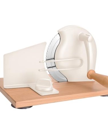 SOWKIPE Manual Bread Slicer with Hand Crank, Classic Home Bread Slicer for Homemade Sourdough, Rotary Slicer with Adjustable Thickness, Premium Stainless Steel & Powerful Suction Cups (White)