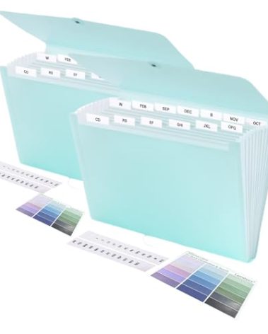 Lamitocs 2 PCS Expanding File Folder A4,13 Pockets File Organiser with Colored Tags, Paperwork A4 Plastic Wallet Document Storage Expander for School,Office and Home, Light Green