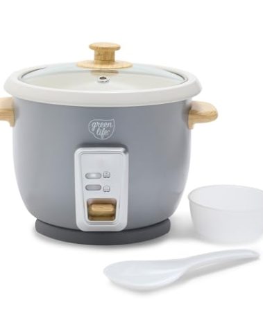 GreenLife Rice Cooker with Removable PFAS-Free Nonstick Pot, 3-Cups Uncooked/6-Cups Cooked, One-Switch Design, Auto Keep Warm Function, Soup, Grains, Oatmeal, Wood Handle, Gray