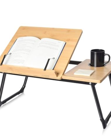 wishacc Book Stand for Reading in Bed, Bamboo Laptop Stand Adjustable Book Holder Tray with Page Paper Clips Multi Angles Adjustable Cooking Bookstands for Textbook Recipe Magazine Tablet Portable