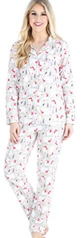 PajamaMania Women's Cotton Flannel Long Sleeve Button-Down Pajamas PJ Set, Polar Bear, 2X
