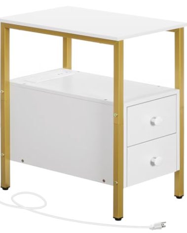 HOOBRO End Table with Charging Station, Narrow Side Table with 2 Drawer & USB Port & Power Outlets, Nightstand for Small Spaces, Stable and Sturdy, for Living Room, Bedroom, Gold and White DW541BZ01