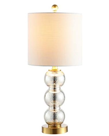JONATHAN Y JYL1021C 21" Modern Art Deco Mercury Glass Table Lamp, Stacked Sphere Bedside Nightstand Lamp with White Linen Shade and Brass Gold Base for Living Room, Bedroom, Office, LED Bulb Included