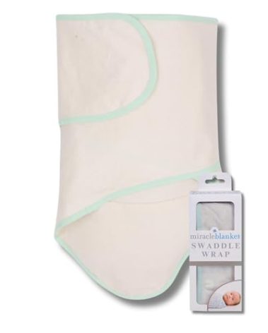 Miracle Blanket Swaddle Wrap – Help Your Newborn Sleep Longer – Soft & Secure Sleep Sack for Infants – Easy-to-Use Swaddling Blanket for a Calm Baby (Beige with Green Trim)