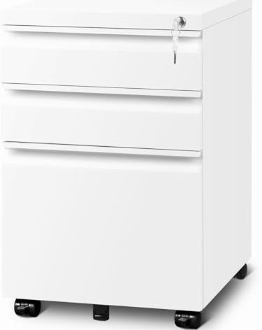 Guizeeopo 3 Drawer File Cabinet with Lock, File Cabinets for Home Office,Under Desk Cabinet, Locking File Cabinet for A4/Letter/Legal, Fully Assembled Expect Casters, Matte White